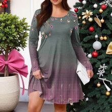 Damklänning i plusstorlek med retro blommönster och casualmönster - Rund hals, långärmad med fickor - Ljuslila XXXL