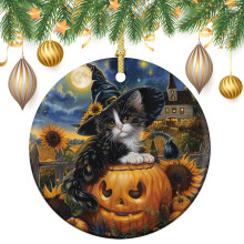 Black & White Ceramic Kitten Ornament with Witch Hat – Compatible with 2024 Christmas & Halloween Decor, Great for Gifting & Collecting