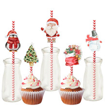 24Pcs Christmas Straw Snowman Elk Santa Hat Holiday Decoration Food Grade Plastic Xmas Disposable Drinking Straw