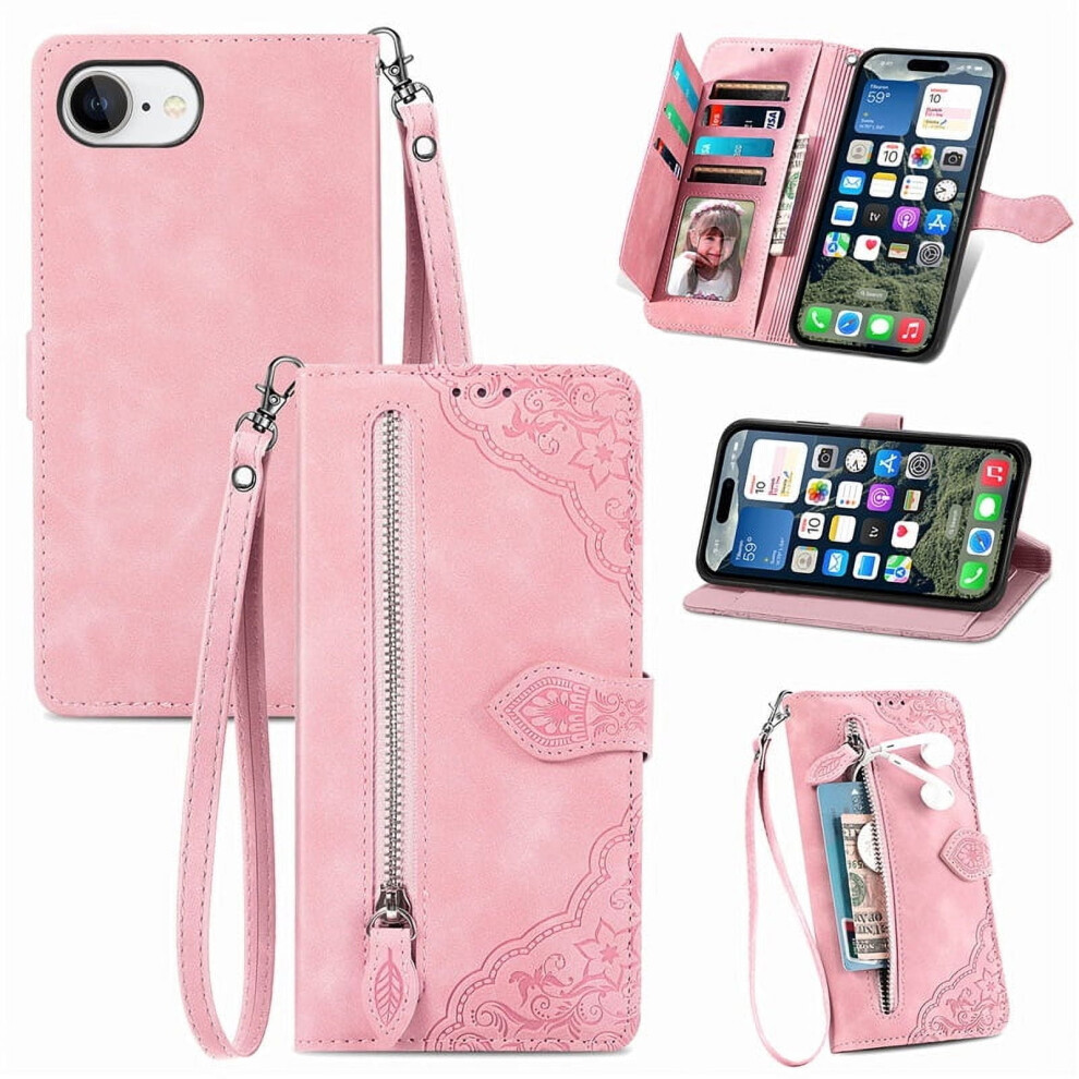 Compatible With Iphone 16E 6.1" Case Â Pu Leather Magnetic Flip Wallet With Lanyard, Zipper Card Holder & Wristlet 9329345380822
