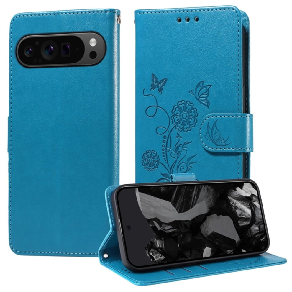Butterfly Flower Embossed Flip Leather Case With Card Slots, Cash Compartment & Kickstand For Google Pixel 9 Pro Xl 6.8" Â Shockproof Blue 9448990693733
