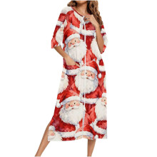 asdoklhq Bathrobe for Women Christmas Print 3/4Sleeve Nightgown and Winter Nightdress Zip with Pokets Loose Pajamas Red XL