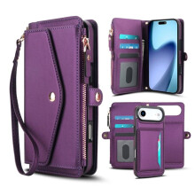RFID Blocking 2-in-1 PU Leather Wallet Case for iPhone Air—Magnetic Flip, Multi-Card Slots, Zipper Pocket, Detachable Shoulder & Wrist Straps,