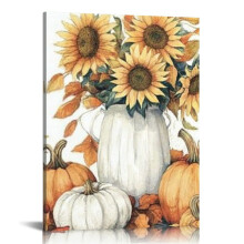 Tableau d'automne sur toile, style rustique vintage, citrouille et tournesol