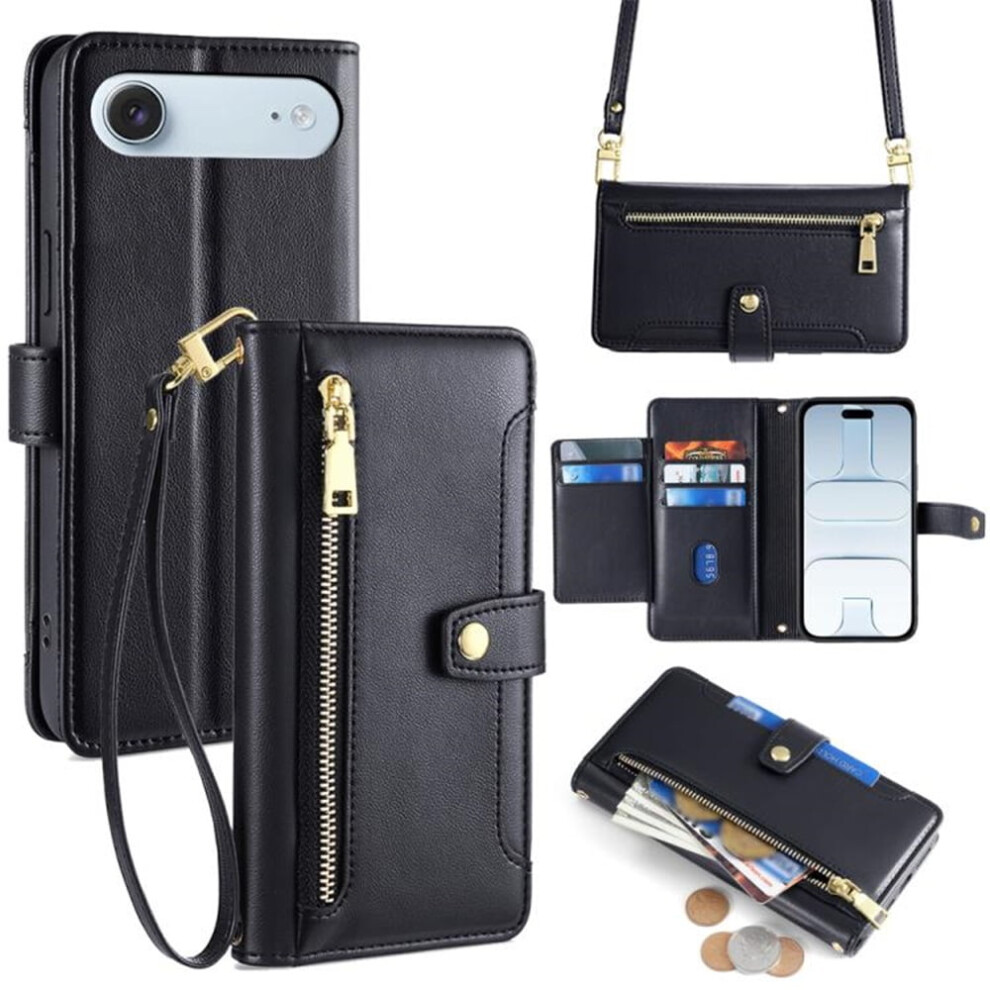 Leather Wallet Case For Iphone Air 6.5", 6-Card Holder + Zipper Bills Slot, Soft Sheepskin Strap, Â Compatible With Iphone Air Black 9450273067407