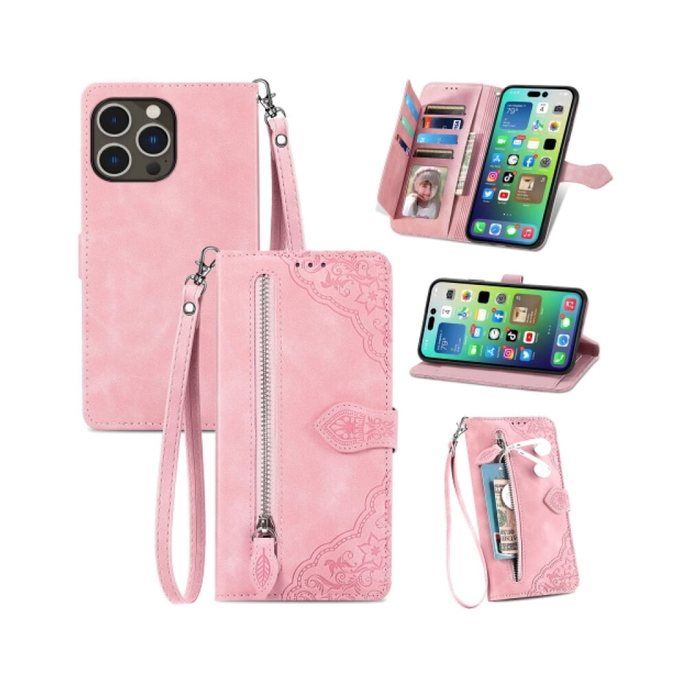 Magnetic Leather Wallet Case With Zipper, Kickstand & Wrist Strap For Iphone 15 Pro Max (6.7") 9329345379628