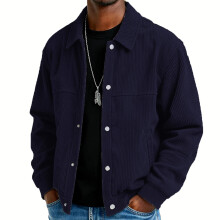 Jaqueta masculina azul marinho casual de manga comprida com botões, tamanho XL