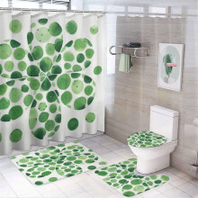 Ensemble de douche 4 pièces à pois et trèfles avec rideau, tapis antidérapant, housse de toilette et tapis de bain – Compatible avec la