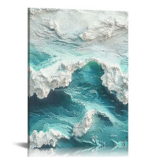Abstracte zeegezicht muurdecoratie: oceaan golven, groen, wit, 16x20 inch