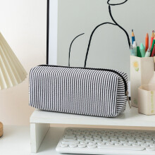 Cute Black Stripe Canvas Pencil Case – Sturdy, Multifunctional Organizer Bag for Pens, Cosmetics & Office Stationery – Birthday Gift