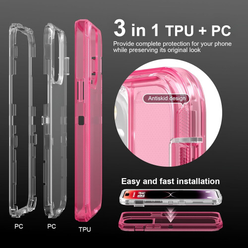 Capa protetora resistente a impactos, anti-queda, tripla camada, transparente, compatível com iPhone 15, rosa cristal. 2