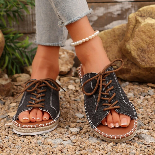Γυναικείες Casual Flat Παντόφλες με Στρογγυλή Μύτη, Μποέμ Λουράκια, 1 Ζεύγος 1