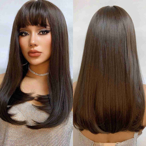 Long Black Wig with Bangs, Glueless Cap, 26 Inch 2