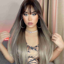 Long Black Wig with Bangs, Glueless Cap, 26 Inch