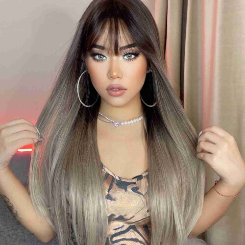 Long Black Wig with Bangs, Glueless Cap, 26 Inch