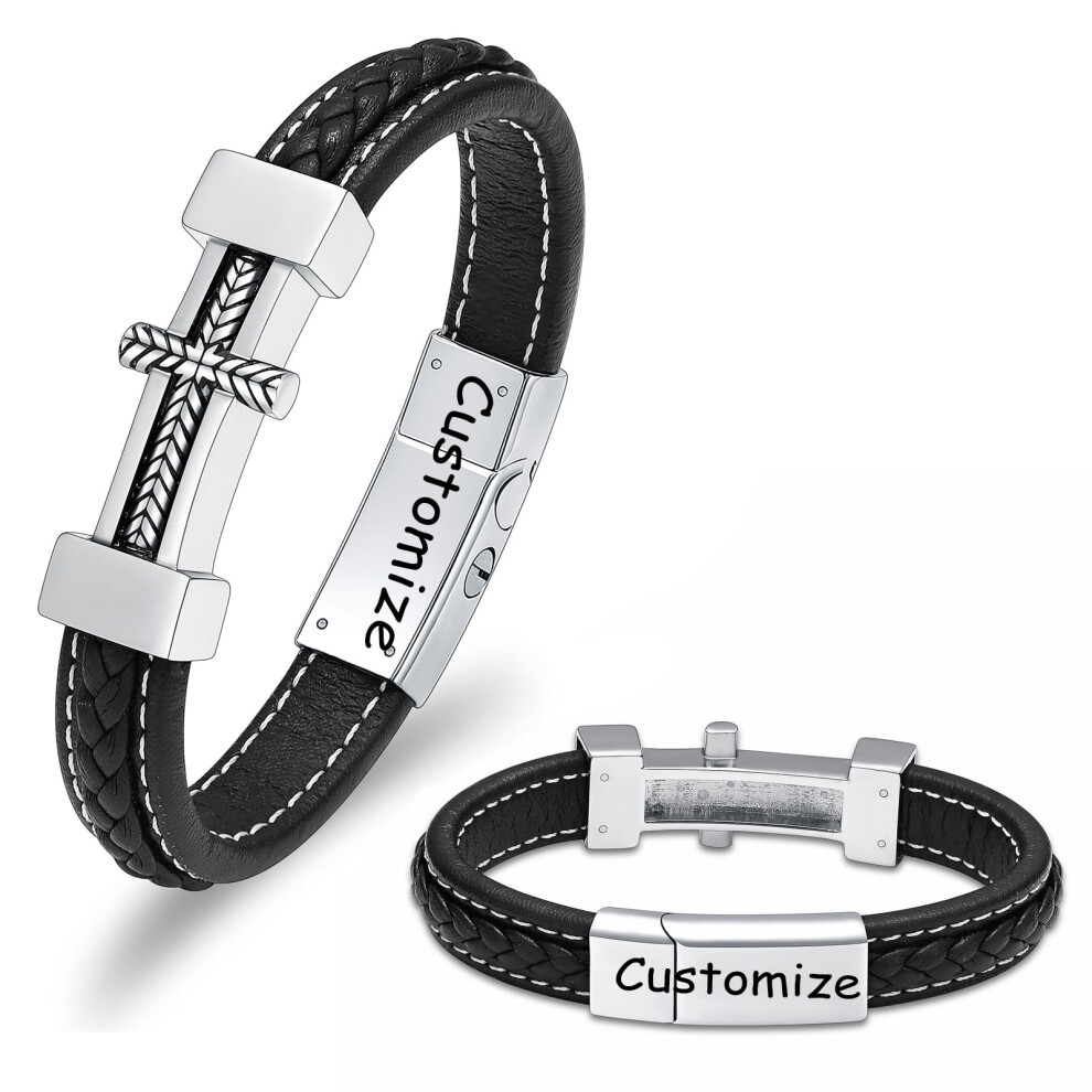 Mens Cuff Cross Bracelet - Stainless Steel Cross Urn Bracelet for Men - Black Multilayer Leather Religious Cremation Bracelet Ashes Keepsake Holder-image-OPC-PSCT7JC-NEW