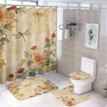 4-Pc Flower Field Shower Curtain Set with Dragonflies, Non-Slip Rug, Toilet Cover & Bath Mat – Compatible with Standard Showers