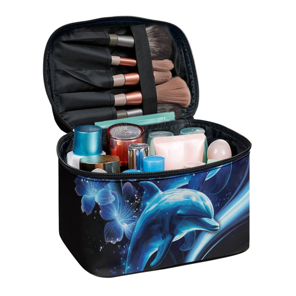 Travel Cosmetic Bag with Brush Slots with Brush Holder with Slip-in Pockets Dolphins