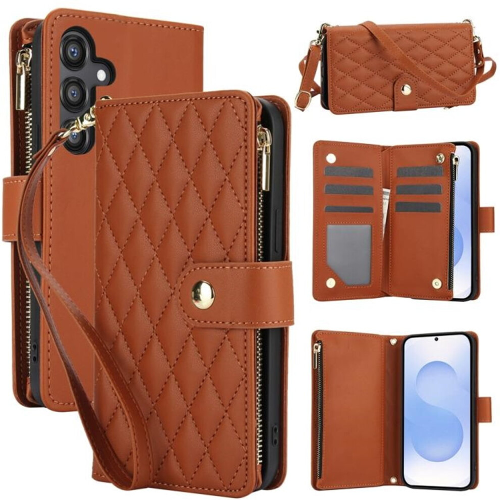 Rfid-Blocking Flip Wallet Case For Samsung Galaxy A25 5G Â 3-Card Slots, Kickstand, Wrist Strap & Zipper Brown 9313598228765