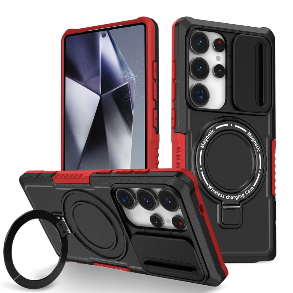 Case For Samsung Galaxy S25 Ultra 6.9" Â Sliding Camera Cover, Magsafe Compatible, Shockproof, Kickstand & Ring Holder, Black/Red 9313598231086