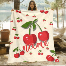 Cozy Cherry Print Flannel Blanket – Lightweight Warm Bedcover for Sofa, Bed, Camping | Custom Text/Name | Compatible with All Beds