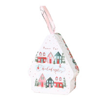 Christmas House-Shaped Cookie Tin, White Metal Storage Box with Lid, 3.3"x1.5"x4.1", for Cookies, Snacks, Chocolate, Gifts – Compatible with Holiday