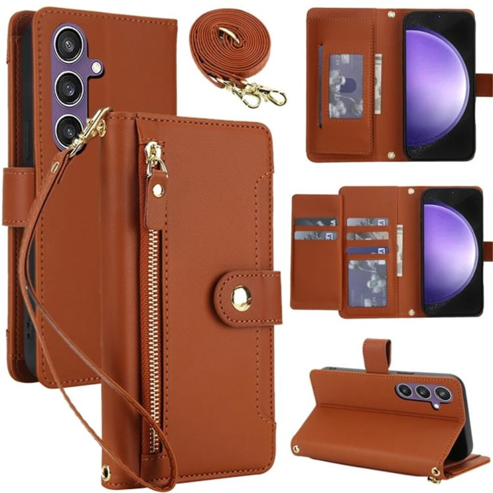Rfid-Blocking Wallet Case For Samsung Galaxy S23 Fe 5G (6.4"), Shockproof, Multi-Card Slots, Zipper Pocket, Detachable Straps Brown 9313598231147