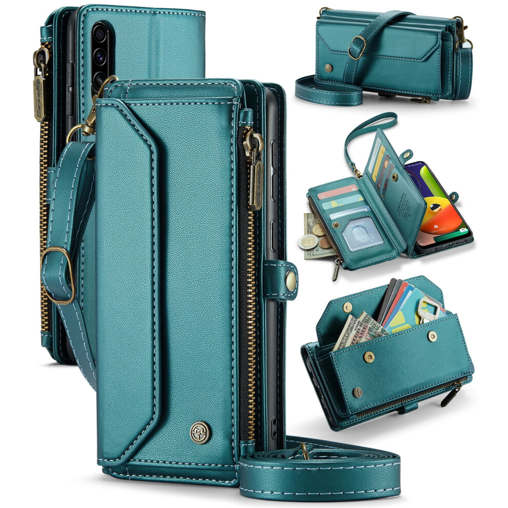 Caseme Leather Wallet Case For Compatible With Samsung Galaxy A50s Â Rfid Blocking, 10-Card Holder, Zipper Bills Slot, Magnetic Wrist Strap, Green 9313598233097