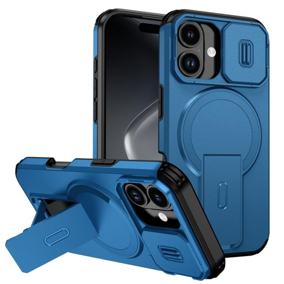 Iphone 16 Plus 6.7" Case: Magsafe, Invisible Fold Stand, Sliding Camera, Shockproof, – Compatible With Iphone 16 Plus Blue 9313598232427