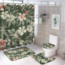 4-Pc Shower Curtain Set with Non-Slip Rug, Toilet Lid Cover & Bath Mat – Floral Hawaiian Tropical Hibiscus, Waterproof & Durable