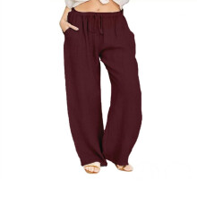 Damen-Freizeithose aus lockerem Baumwoll-Leinen-Mix mit Kordelzug und Taschen, ideal für Alltag und Zuhause.