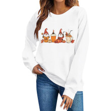 SYMOID Damen-Sweatshirt, weiß, 100 % Baumwolle, locker geschnitten, Rundhalsausschnitt, mit Kürbis-Gnom-Motiv – Lässiges Oberteil für