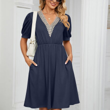 Summer Dresses for Women 2024 Dresses Ladies Short Sleeve V-Neck Solid Color Pocket Makings Robe
