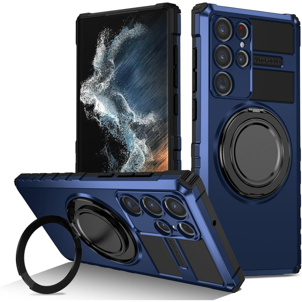 Phone Case For Samsung S22 Ultra: 2-In-1 Magnetic Ring, Wireless Charging Compatible, Shockproof Tpu+Pc, Rugged Black/Blue 9313598231741