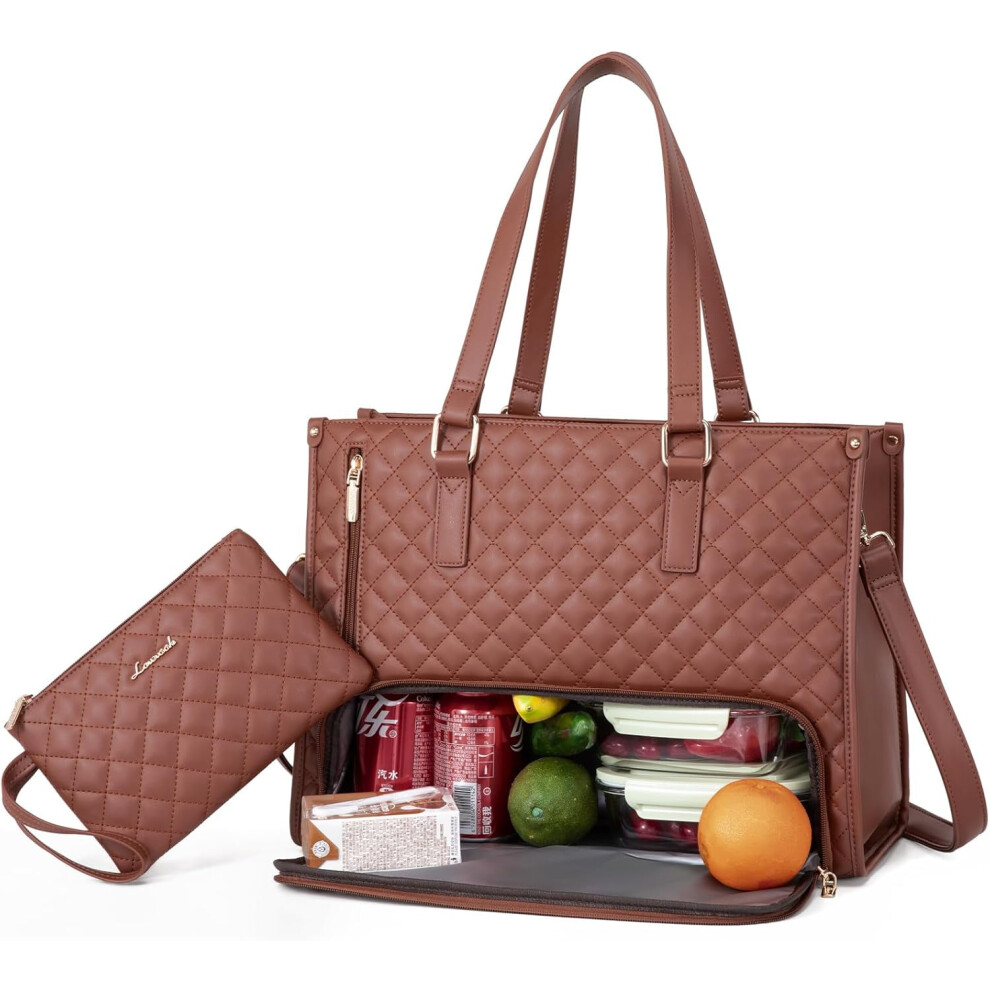 Quilted Lunch Tote Bag For Women, 15.6" Laptop + Insulated Compartment, Large Capacity Handbag With Purse Â Black 9313598232021