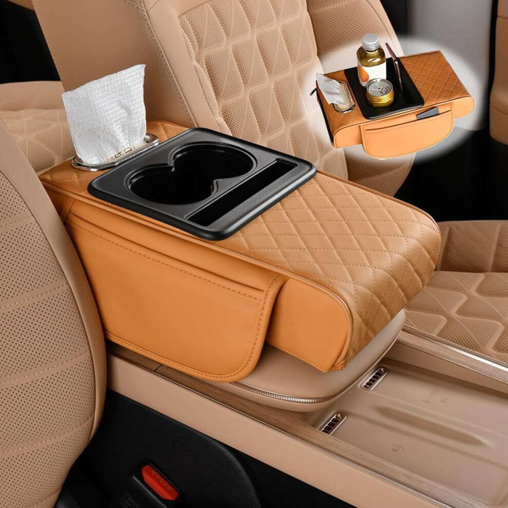 Multifunctional Pu Leather Car Armrest Box Mat | Car Cup & Tissue Holder With 2 Storage Bags, Phone Slot, Tissue Box Slot 9313598231987