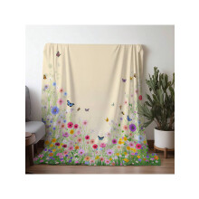 Floral Print Blanket – Soft Beige with Multicolor Flowers, All-Season Luxury Throw for Couch/Bed/Travel/Camping – Premium Flannel, Vintage