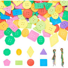 Early Education Sorting & Counting Toys for Kindergarten – 130pcs Geometric Buttons (46–78x30–48x5mm, 3mm Hole) + 8pcs Polyester Ropes