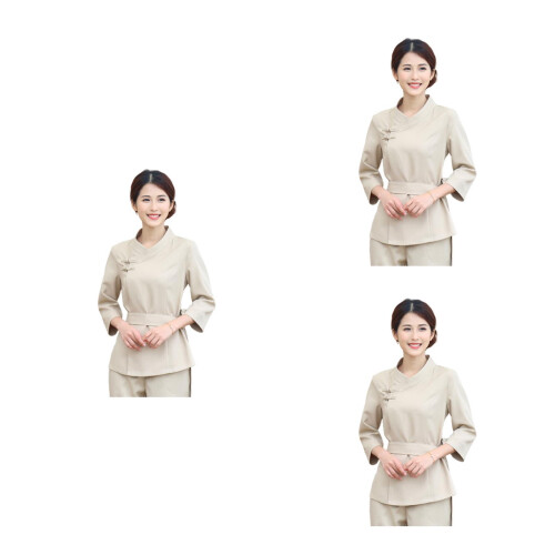 3Sets Foldable Beige Beauty Technician Overalls Spa Working Clothes