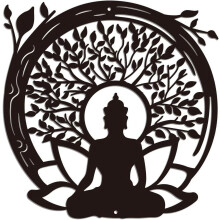 Décoration murale en fer forgé représentant l'Arbre de Vie et le Bouddha Yoga – Sculpture en métal noir pour la maison, la cuisine, la