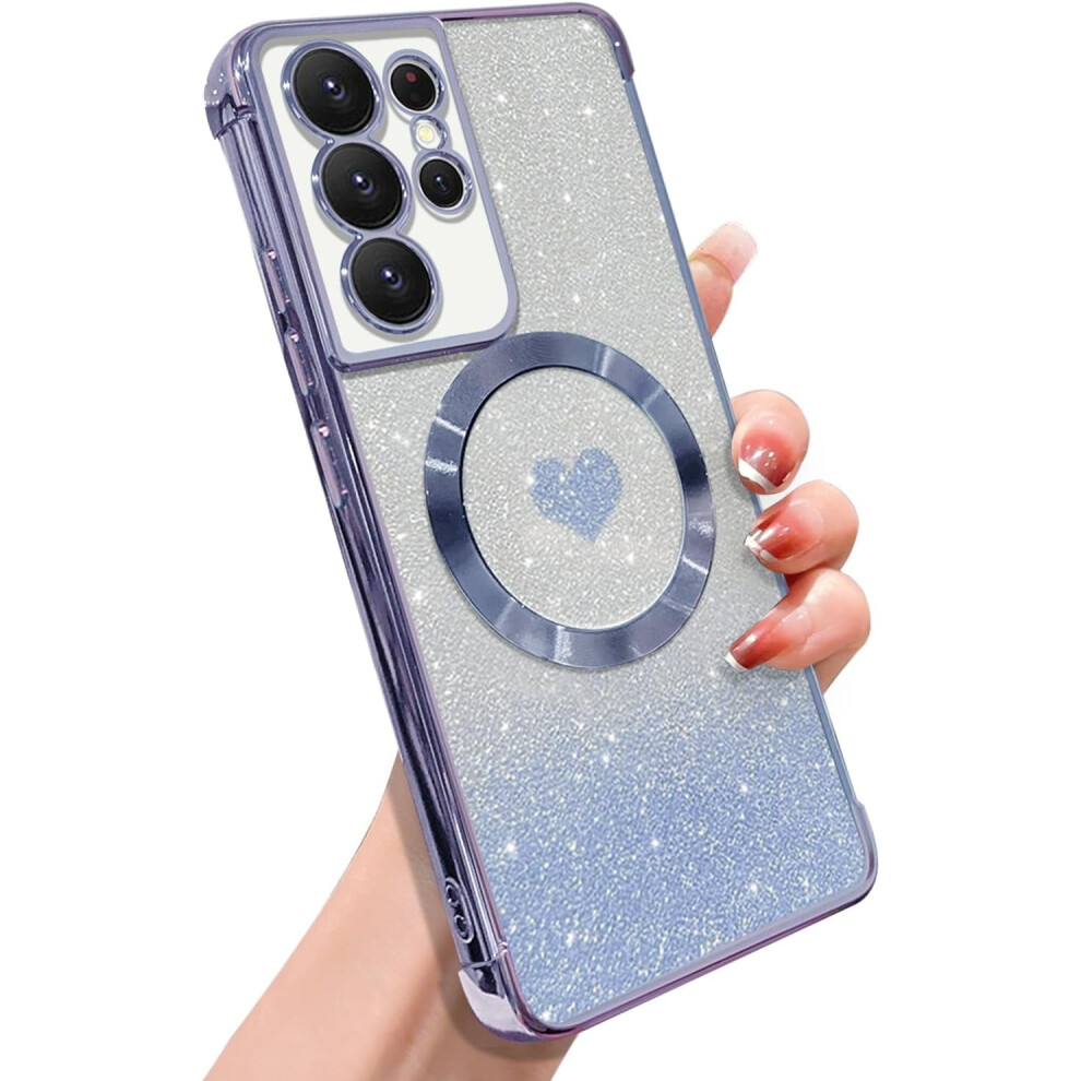 Magnetic Bling Gradient Glitter Heart Case For Samsung Galaxy S21 Ultra, Magsafe-Compatible, Clear Shockproof Protective Cover Â Blue 9329345384851