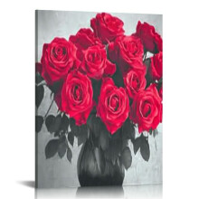 Tableau mural sur toile représentant des roses rouges, motif floral noir et blanc, décoration de salle de bain, style romantique moderne, 30 x 40 cm