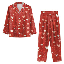 Damesæt med afslappet, løstsiddende loungewear-sæt, Valentinsdag, hjerteprint, top og bukser, vinrød, størrelse L