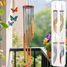Carillon éolien en aluminium à 12 tubes avec couvercle en bois rouge, design rotatif, notes accordées – Décoration haut de gamme pour jardin et