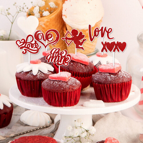 Red Glitter Heart Cupcake Toppers 12-Pack