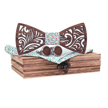 Clearance! Manual Wooden Bow Tie Handkerchief Set Men's Bowtie Wood Hollow Carved and Box, Wooden Bow Tie (White)