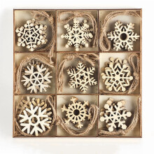 45 décorations de flocons de neige en bois brut de 5 cm avec ficelle – Décorations de sapin de Noël à faire soi-même, découpes rustiques,