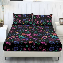Ensemble de draps doux 3 pièces avec drap-housse à poches de 25 cm et 2 taies d'oreiller, imprimé cœurs et étoiles néon noir