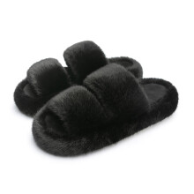 Schwarze, flauschige Damen-Hausschuhe aus Memory-Schaum, Größe 6,5-8
