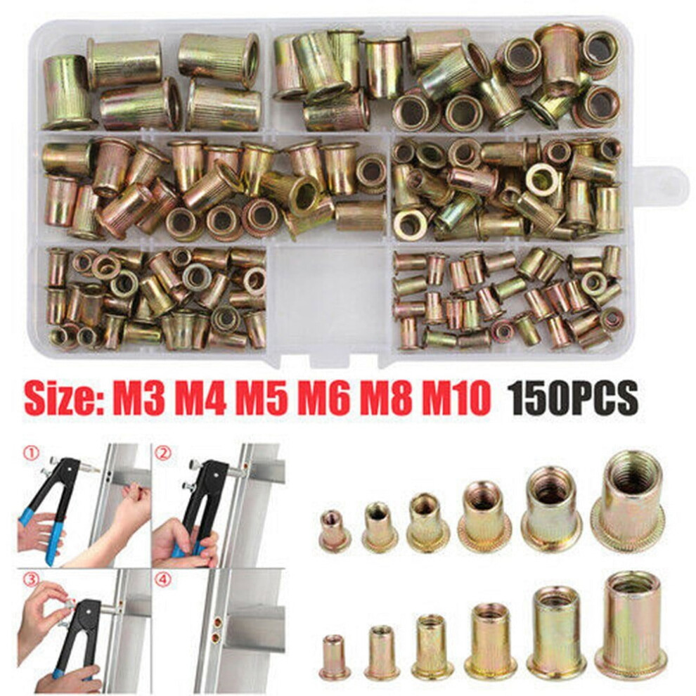 150 Pcs Rivet Nut Kit With Assorted Metric Sizes M3-M10 Carbon Steel Threaded Inserts For Hand Riveting 9329345384257